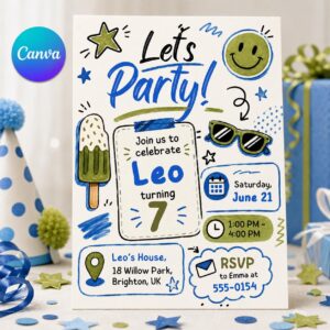 Lets Party Birthday Invitation, Editable Doodle Summer Party Invite, Boy 7th Birthday Popsicle Theme Template, Printable Digital Download