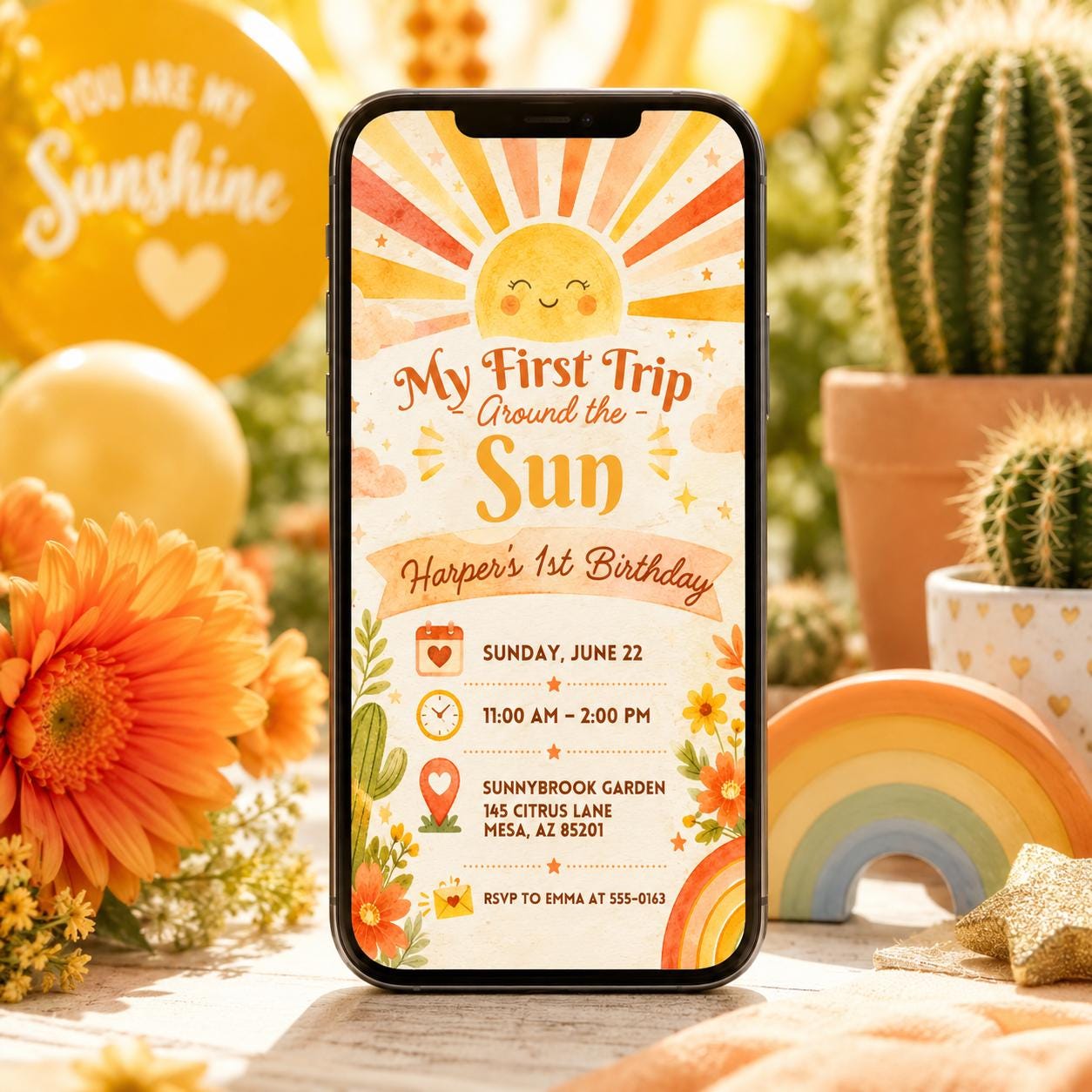 My First Trip Around The Sun Birthday Invitation, Editable Boho Sun Rainbow First Birthday Invite, Girl ONE Theme Template Printable - Image 4