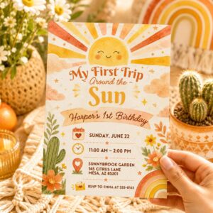 My First Trip Around The Sun Birthday Invitation, Editable Boho Sun Rainbow First Birthday Invite, Girl ONE Theme Template Printable