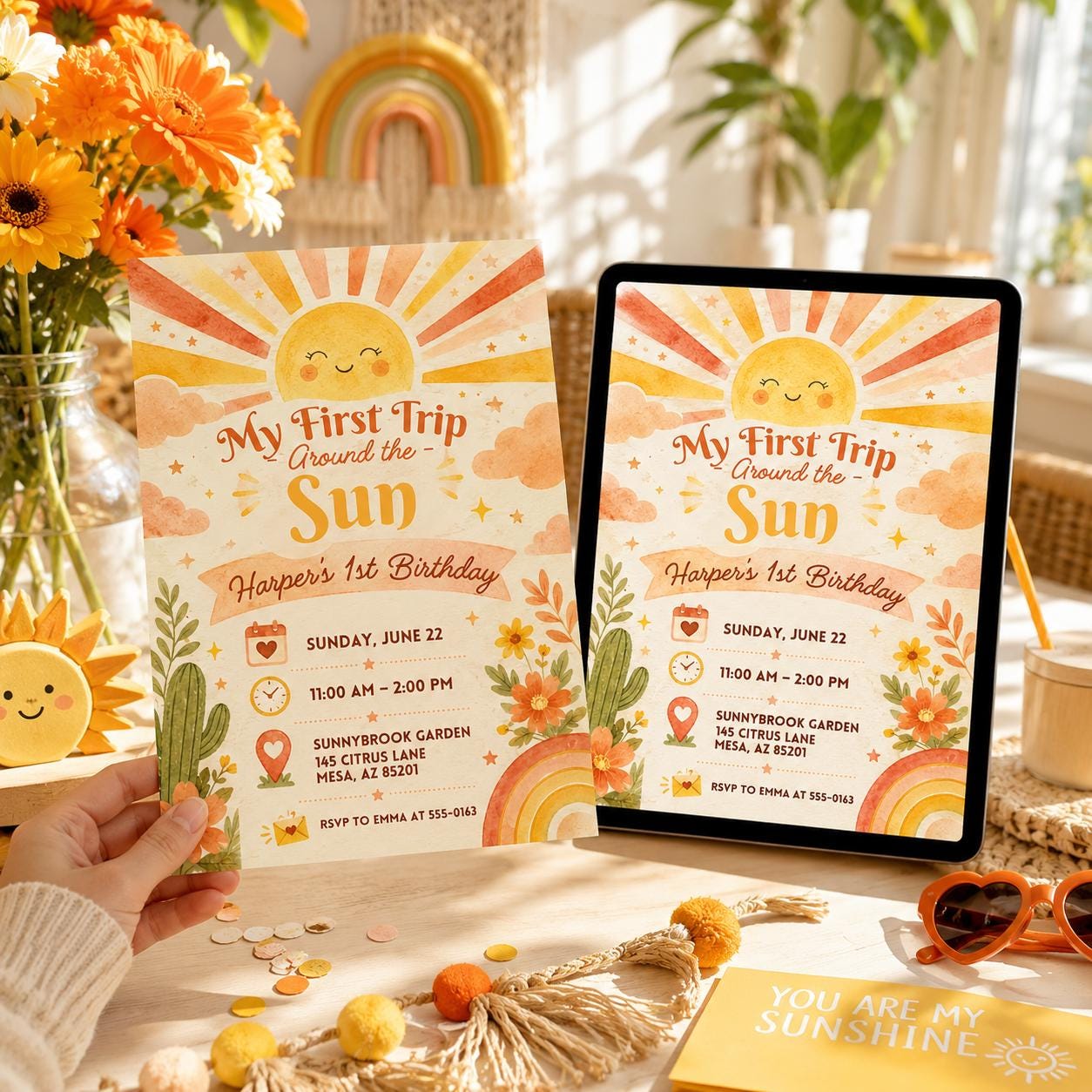 My First Trip Around The Sun Birthday Invitation, Editable Boho Sun Rainbow First Birthday Invite, Girl ONE Theme Template Printable - Image 5