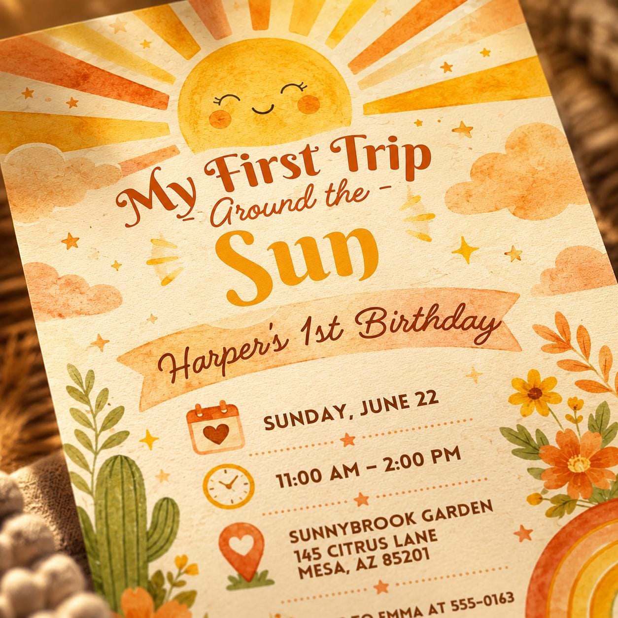 My First Trip Around The Sun Birthday Invitation, Editable Boho Sun Rainbow First Birthday Invite, Girl ONE Theme Template Printable - Image 6