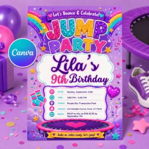 Jump Party Invitation, Trampoline Park Birthday invite, Bounce Party Invite, Jump Zone Birthday, Editable Canva Template