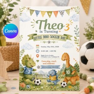 Little Dino Soccer Day Birthday Invitation, Editable Dinosaur Soccer Party Invite, Boy 3rd Birthday Template, Printable Digital Download