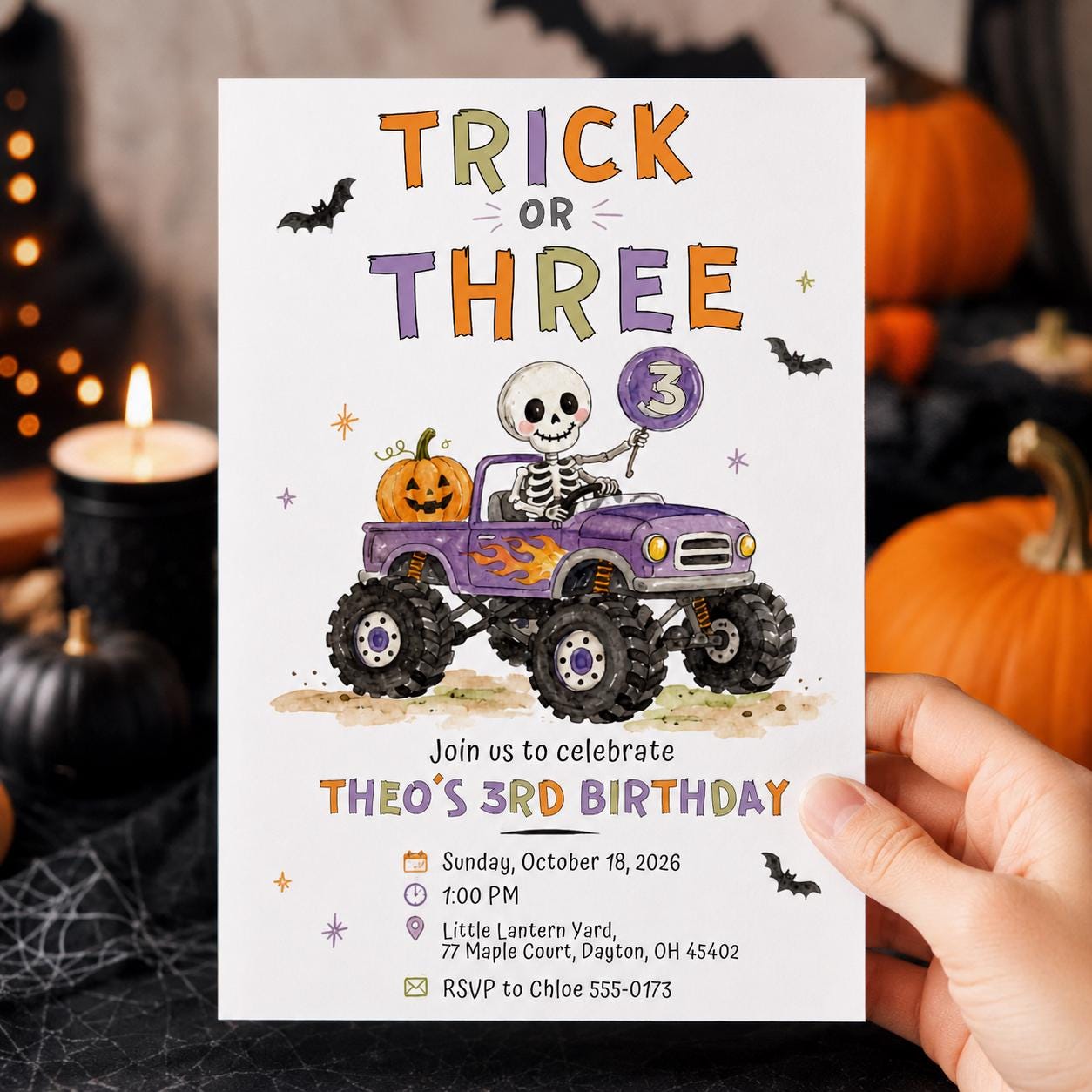 Trick or Three Birthday Invitation, Editable Halloween 3rd Birthday Boy Monster Truck Printable Canva Template - Image 5