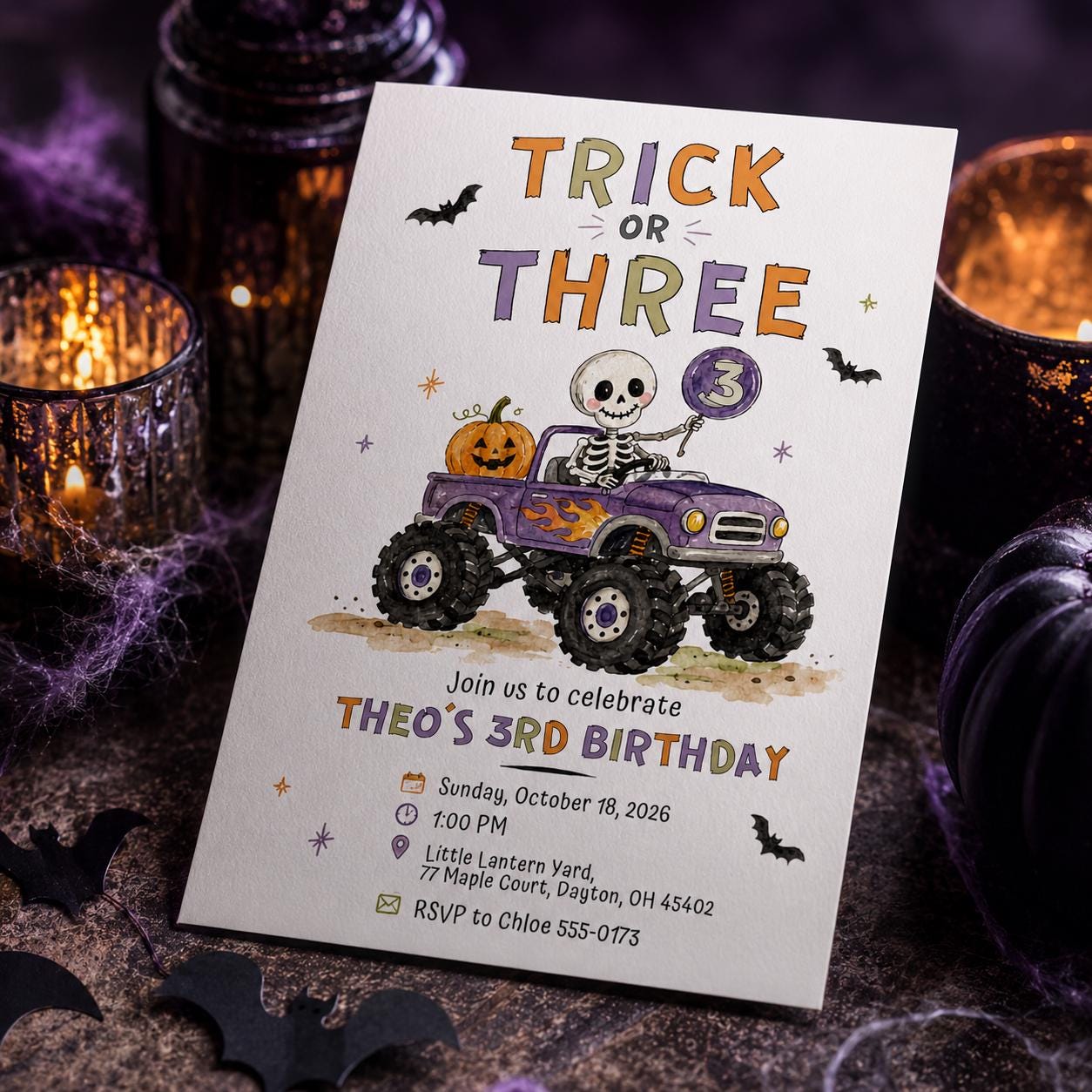 Trick or Three Birthday Invitation, Editable Halloween 3rd Birthday Boy Monster Truck Printable Canva Template - Image 3