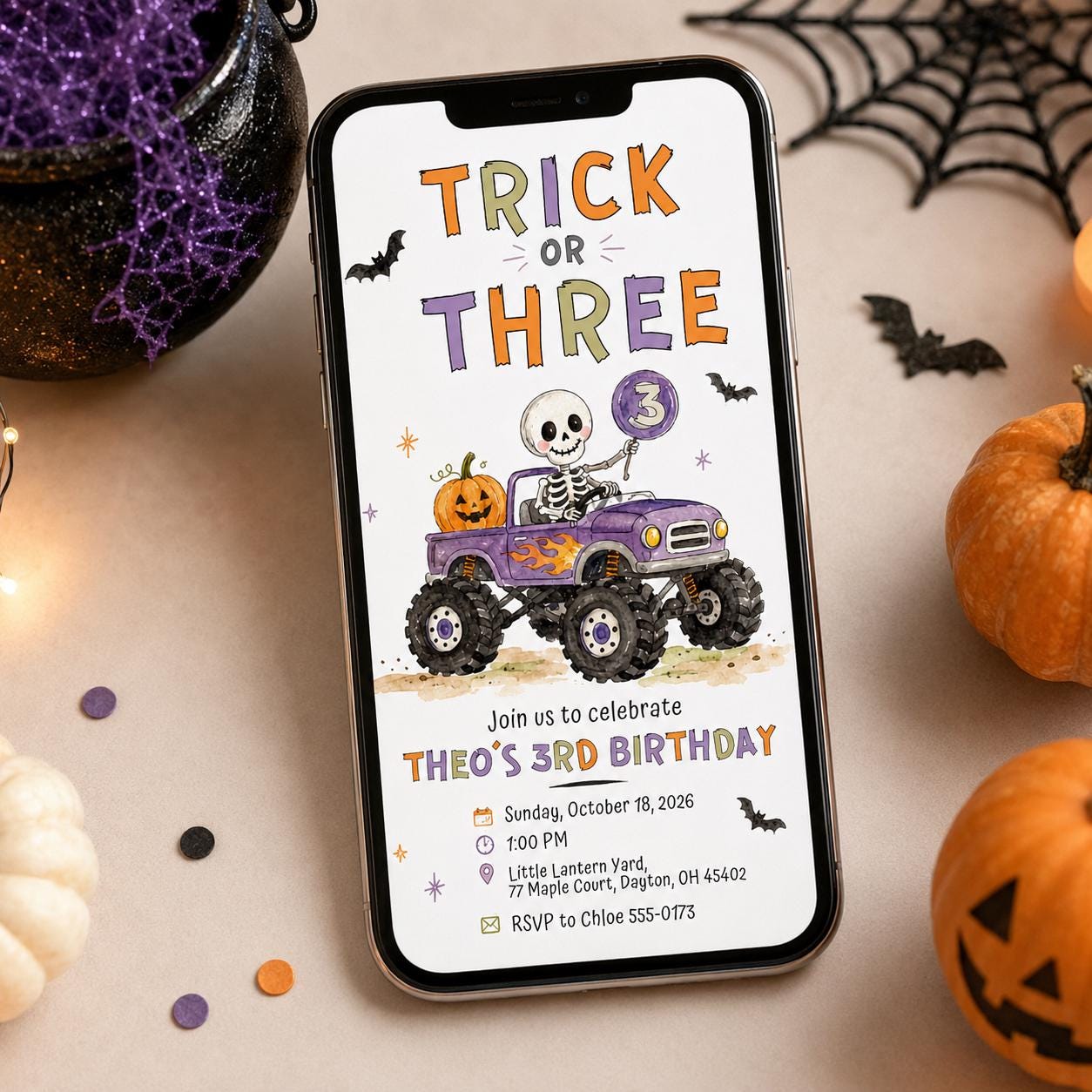 Trick or Three Birthday Invitation, Editable Halloween 3rd Birthday Boy Monster Truck Printable Canva Template - Image 6
