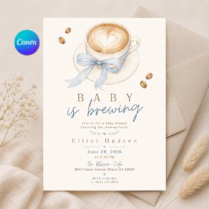 Baby is Brewing Invitation Editable Coffee Baby Shower Invite, Gender Neutral Printable Canva Template