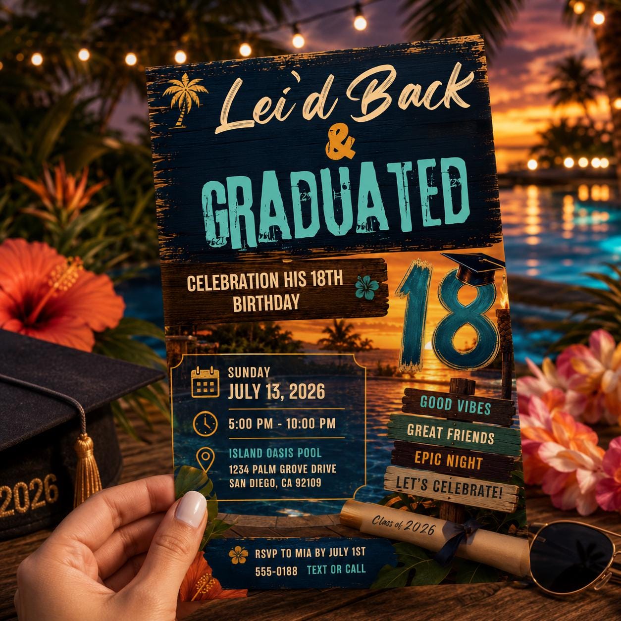 Luau Graduation Invitation, Tropical Pool Party 18th Birthday Grad Invite, Editable Hawaiian Canva Template - Image 3