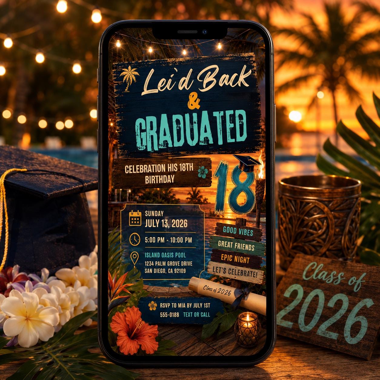 Luau Graduation Invitation, Tropical Pool Party 18th Birthday Grad Invite, Editable Hawaiian Canva Template - Image 4