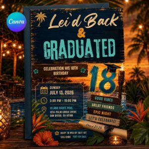 Luau Graduation Invitation, Tropical Pool Party 18th Birthday Grad Invite, Editable Hawaiian Canva Template