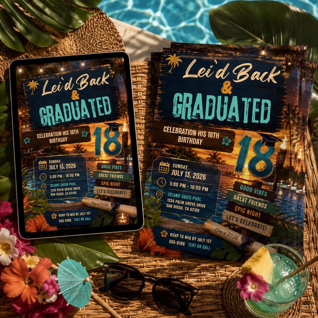 Luau Graduation Invitation, Tropical Pool Party 18th Birthday Grad Invite, Editable Hawaiian Canva Template - Image 6