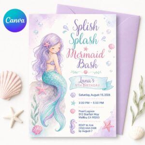 Mermaid Birthday Invitation, Under the Sea Girl Party Invite Editable Printable Canva Template