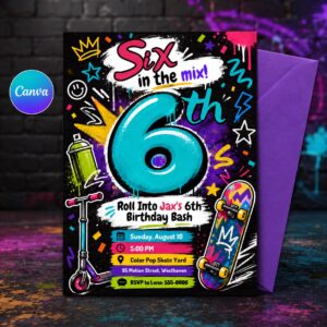 Skateboard Birthday Invitation, Graffiti Skate Park Scooter 6th Birthday Invite, Editable Printable Canva Template