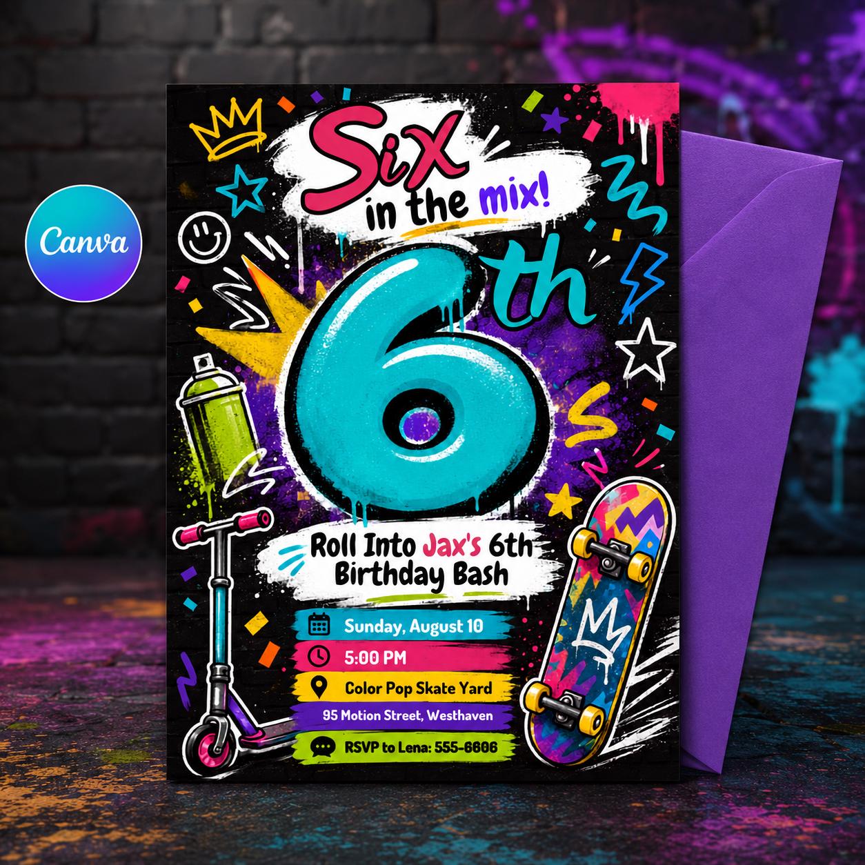 Skateboard Birthday Invitation, Graffiti Skate Park Scooter 6th Birthday Invite, Editable Printable Canva Template