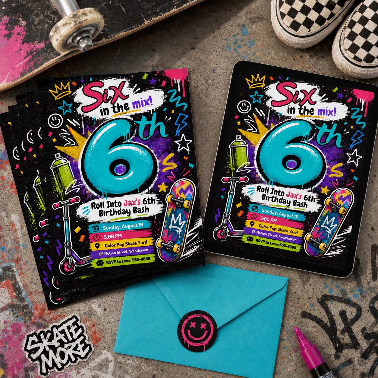Skateboard Birthday Invitation, Graffiti Skate Park Scooter 6th Birthday Invite, Editable Printable Canva Template - Image 5