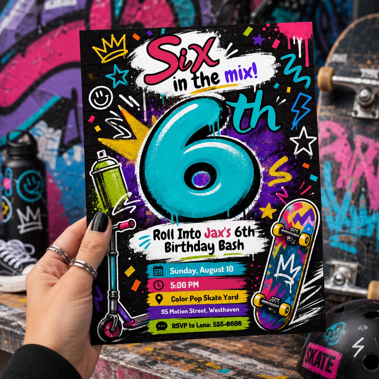 Skateboard Birthday Invitation, Graffiti Skate Park Scooter 6th Birthday Invite, Editable Printable Canva Template - Image 6