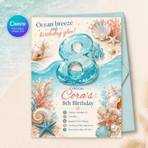 Under the Sea Birthday Invitation, Ocean Shell 8th Girl Party Invite, Beach Printable, Editable Canva Template