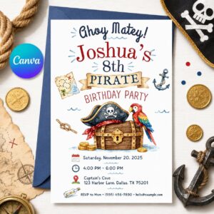 Pirate Birthday Invitation, Ahoy Matey Boy 8th Birthday Party Editable Printable Canva Template