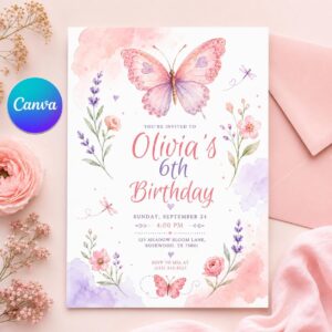Butterfly Birthday Invitation Girl, 5th Birthday Princess Floral Editable Printable Party Invite Canva Template