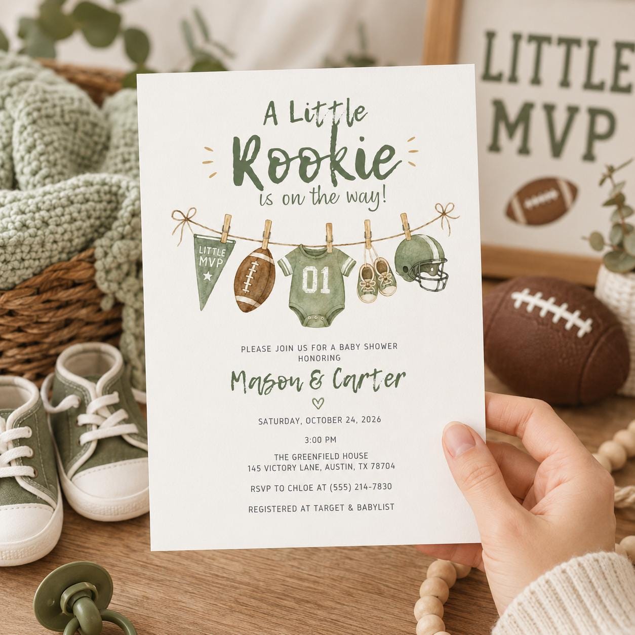 Football Baby Shower Invitation, Little Rookie Boy Sports Theme Printable Editable Canva Template - Image 6