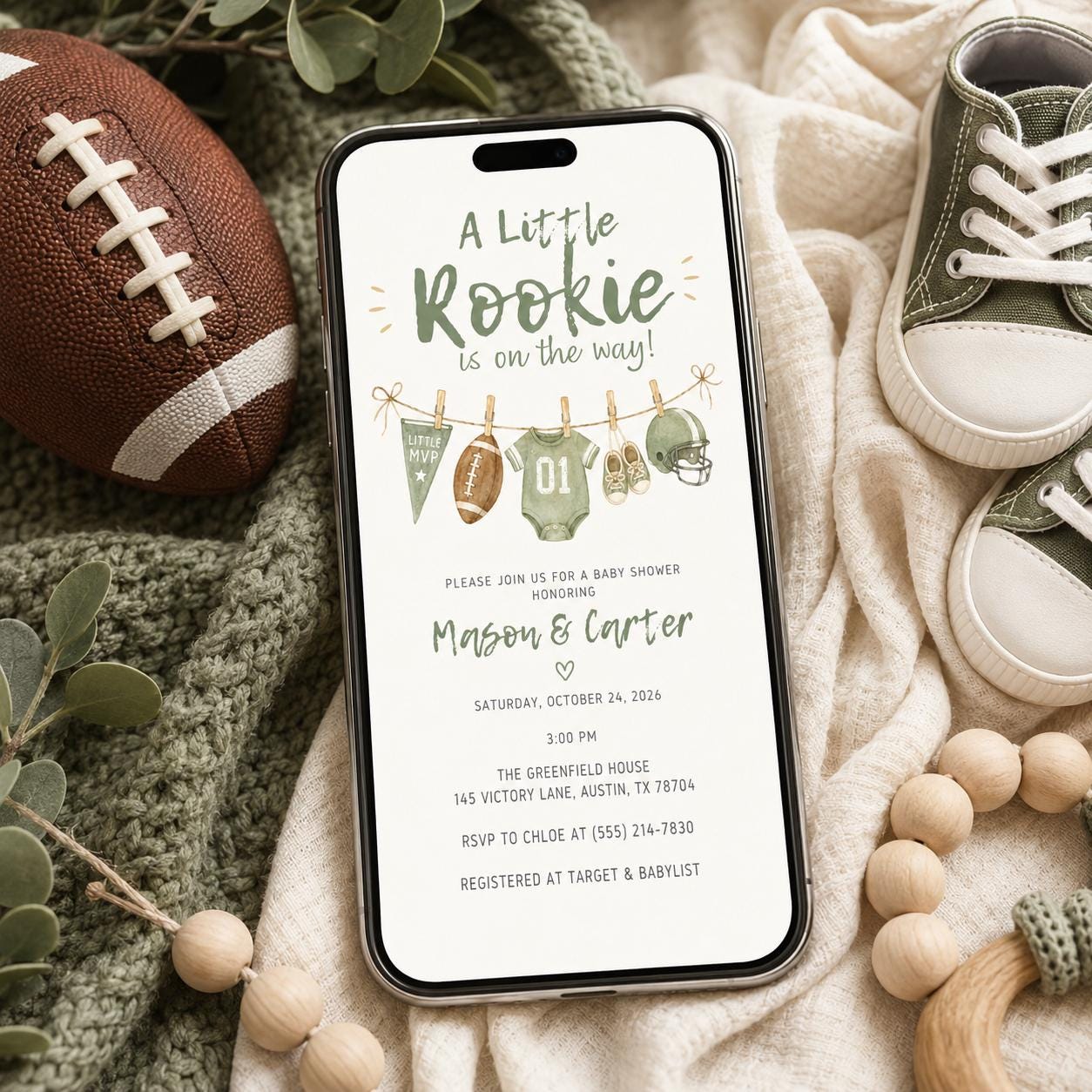 Football Baby Shower Invitation, Little Rookie Boy Sports Theme Printable Editable Canva Template - Image 3