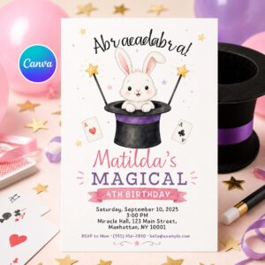 Magic Birthday Invitation, Bunny Magician Girl 4th Birthday Party Invite, Editable Kids Canva Template