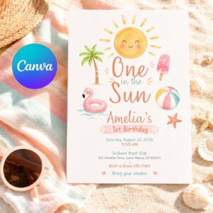 One in the Sun 1st Birthday Invitation, Editable Summer Pool Party Invite, Watercolor Girl Printable Canva Template
