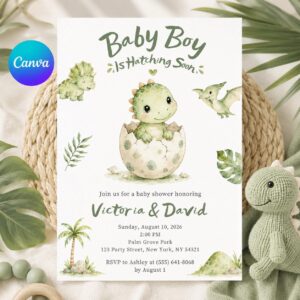 Dinosaur Baby Shower Invitation, Baby Boy Hatching Soon Dino Printable Editable Canva Template
