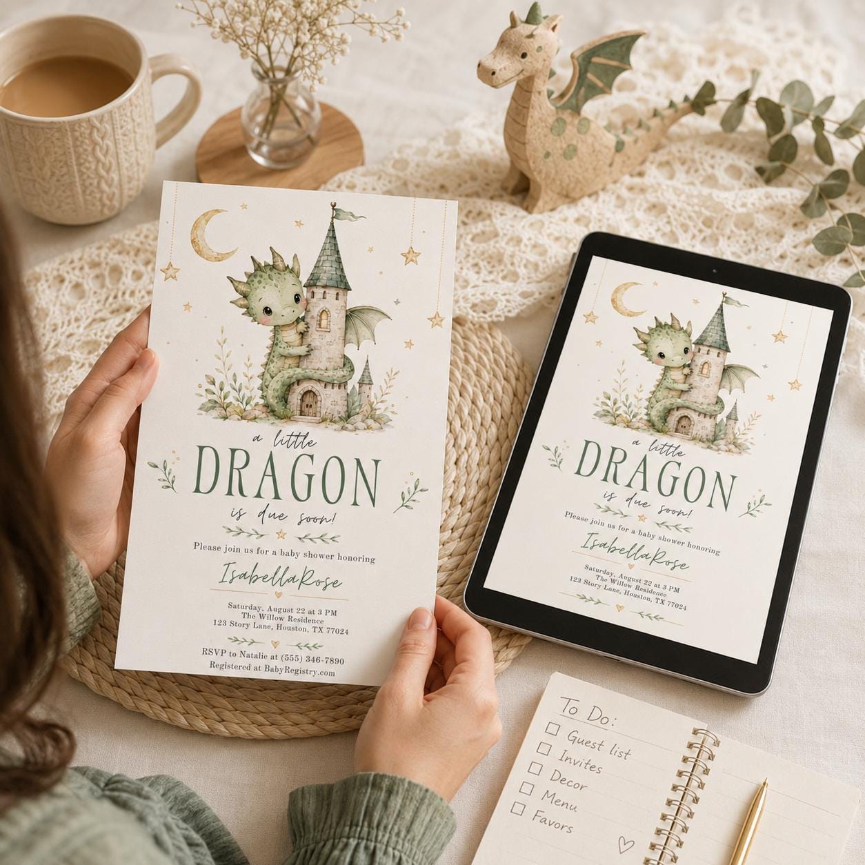 Dragon Baby Shower Invitation, A Little Dragon Is Due Soon Printable Editable Canva Template - Image 5