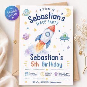 Space Birthday Invitation, Rocket Ship Outer Space Kids Party Invite Printable Editable Canva Template