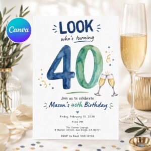 40th Birthday Invitation, Editable Adult Milestone Party Invite, Look Who's Turning 40 Watercolor Canva Template