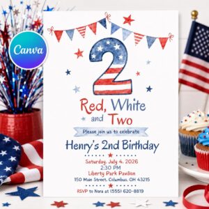 Red White and Two Invitation, Patriotic 2nd Birthday July 4th Party Invite, Printable Canva Template