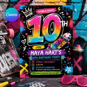 Skateboard 10th Birthday Invitation, Graffiti Double Digits Neon Skate Party Canva Template