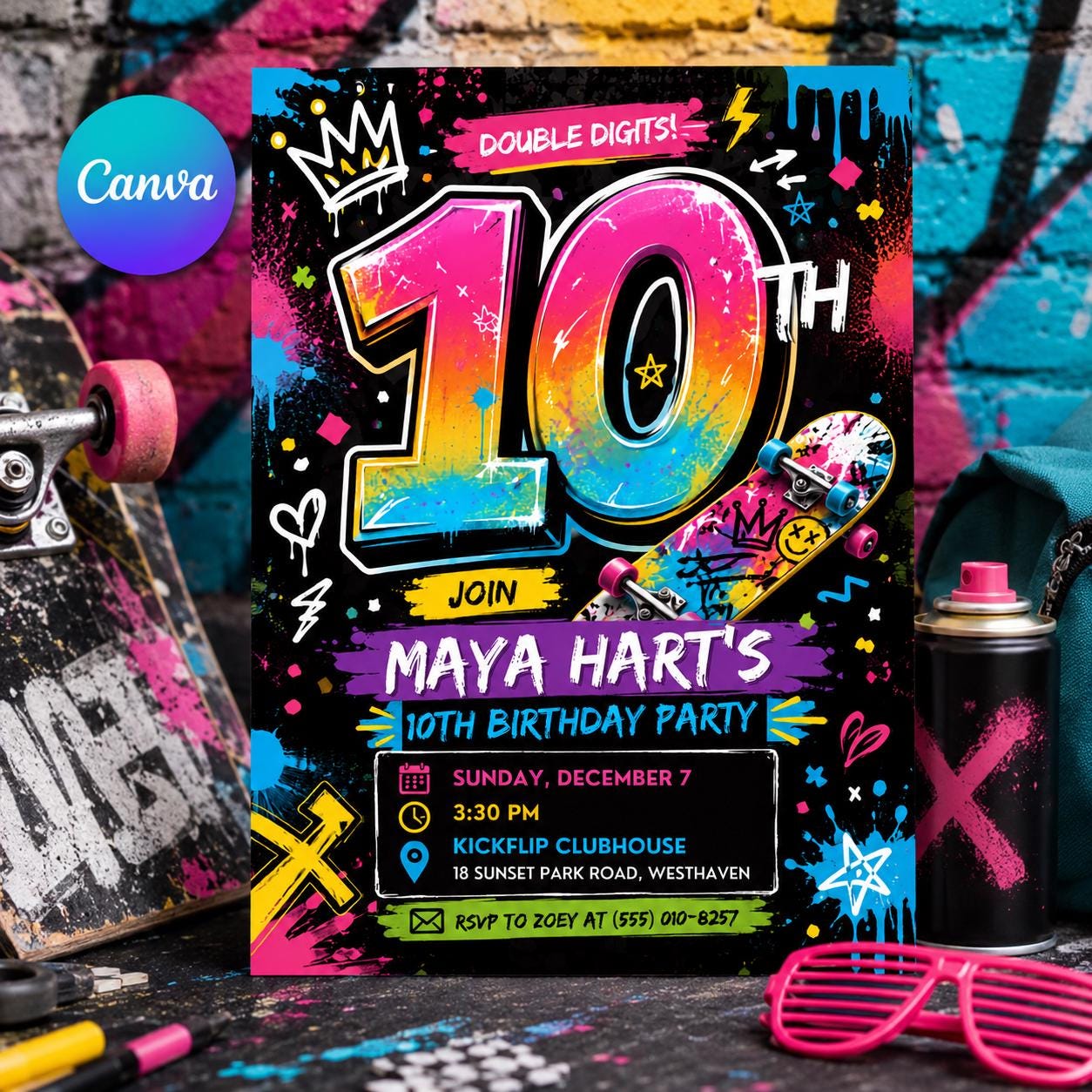 Skateboard 10th Birthday Invitation, Graffiti Double Digits Neon Skate Party Canva Template