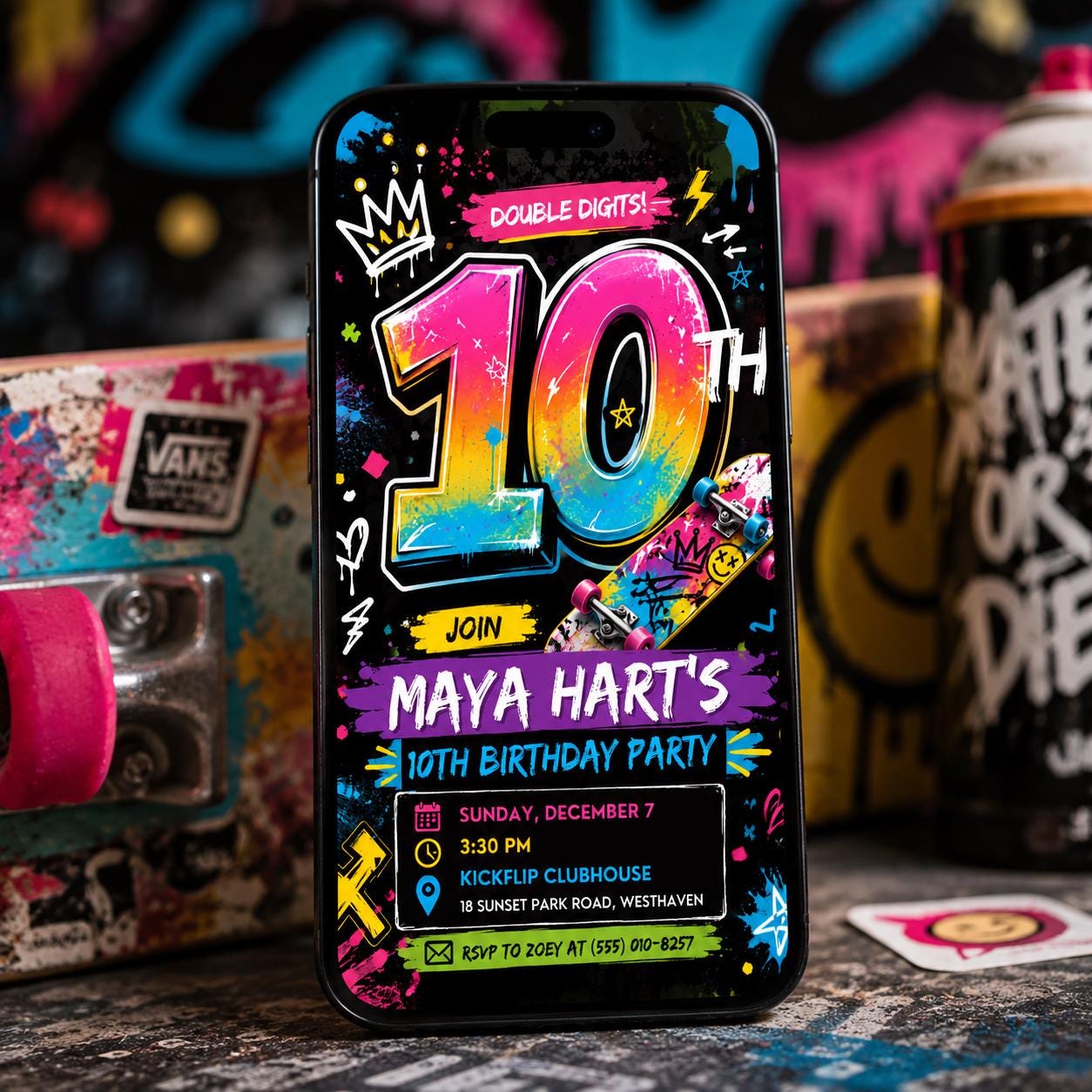 Skateboard 10th Birthday Invitation, Graffiti Double Digits Neon Skate Party Canva Template - Image 5