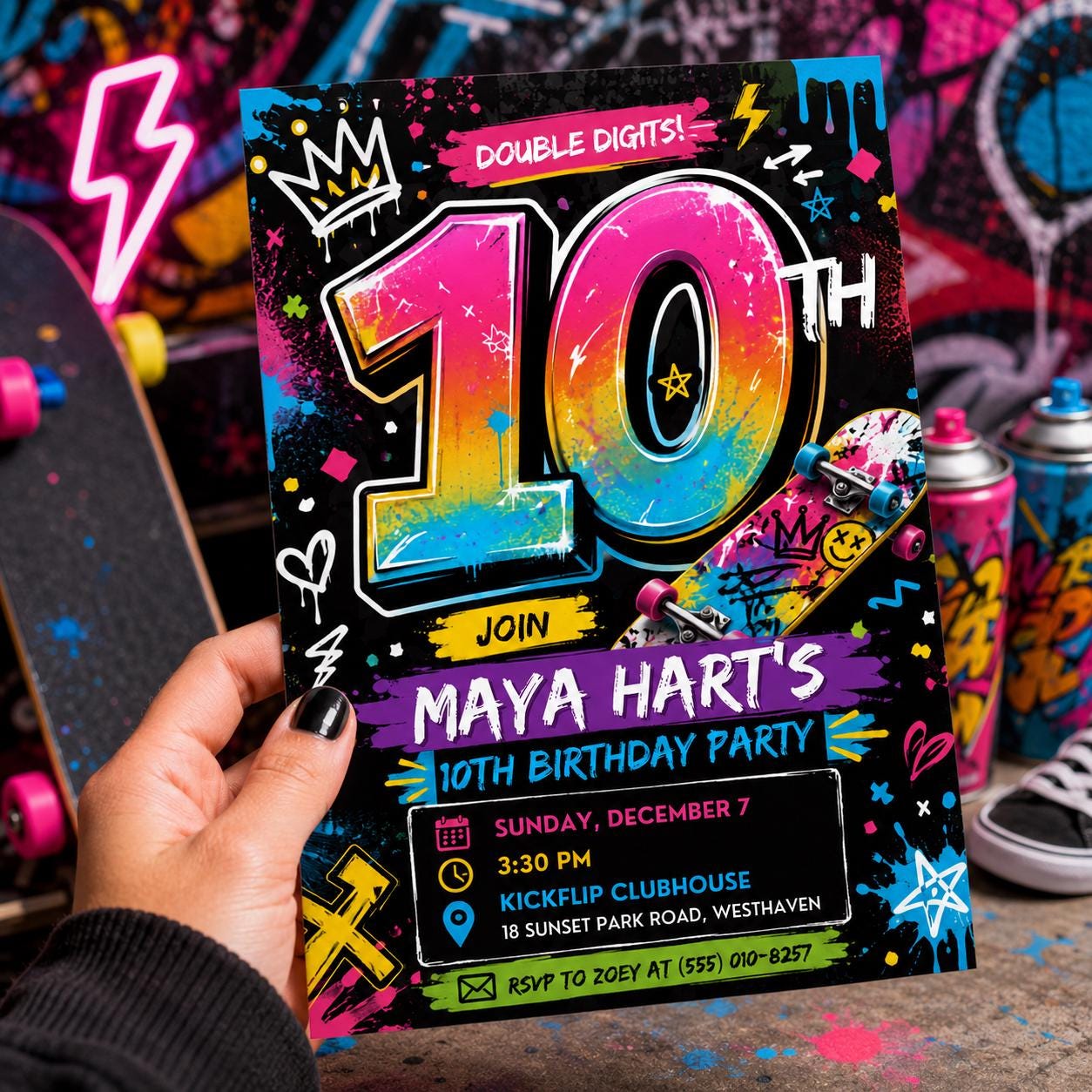 Skateboard 10th Birthday Invitation, Graffiti Double Digits Neon Skate Party Canva Template - Image 6