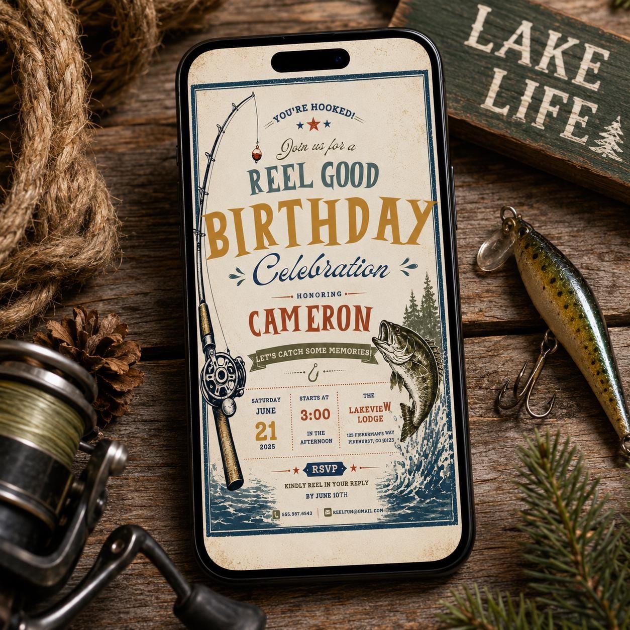 Fishing Birthday Invitation, Reel Good Birthday Party Invite Vintage Printable Editable Canva Template - Image 5