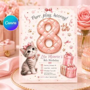 Cat Birthday Invitation, Pink Kitten Girl Party Invite, Purrfect 8th Birthday Editable Printable Canva Template