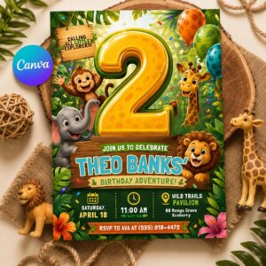 Jungle Birthday Invitation, Safari Animal 2nd Birthday Boy Girl Editable Printable Canva Template