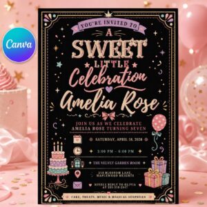 Girl Birthday Invitation, Sweet Little Celebration Pastel Coquette Editable Printable Canva Template