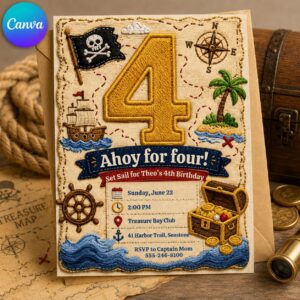 Pirate Birthday Invitation, Ahoy for Four Pirate Party Editable Printable Canva Template