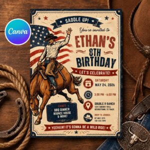 Cowboy Birthday Invitation, Western Rodeo Party Editable Printable Canva Template