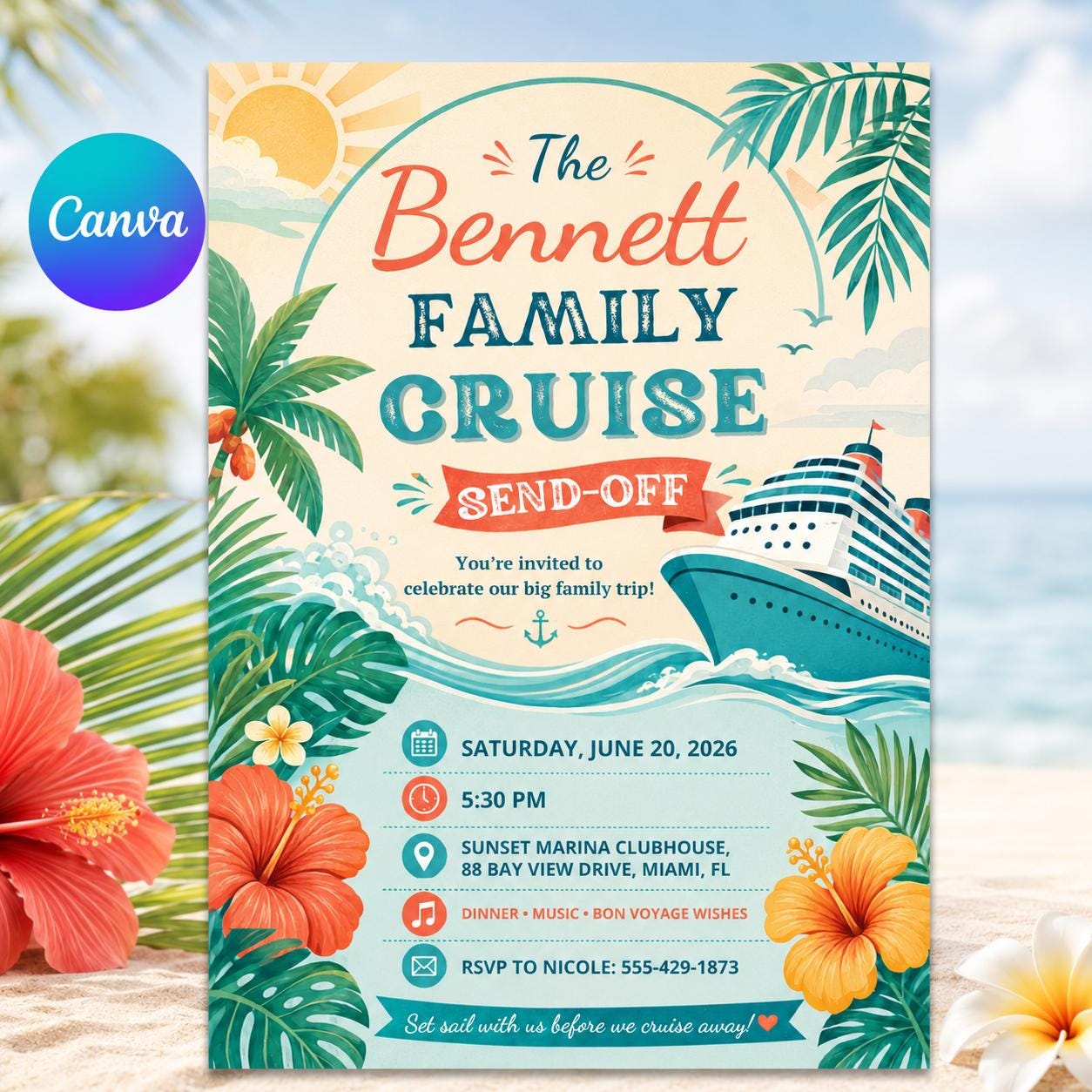 Cruise Send Off Invitation, Family Bon Voyage Party Editable Printable Canva Template