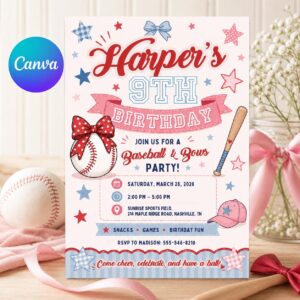 Baseball and Bows Birthday Invitation, Girl Sports Party Editable Printable Canva Template