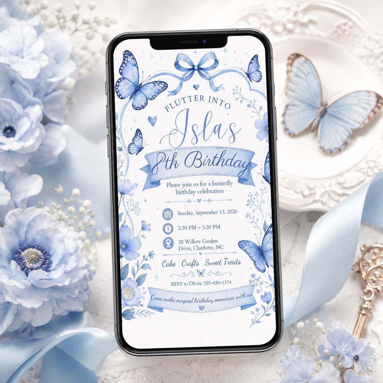 Butterfly Birthday Invitation, Blue Floral Girl 8th Party Editable Canva Template - Image 4