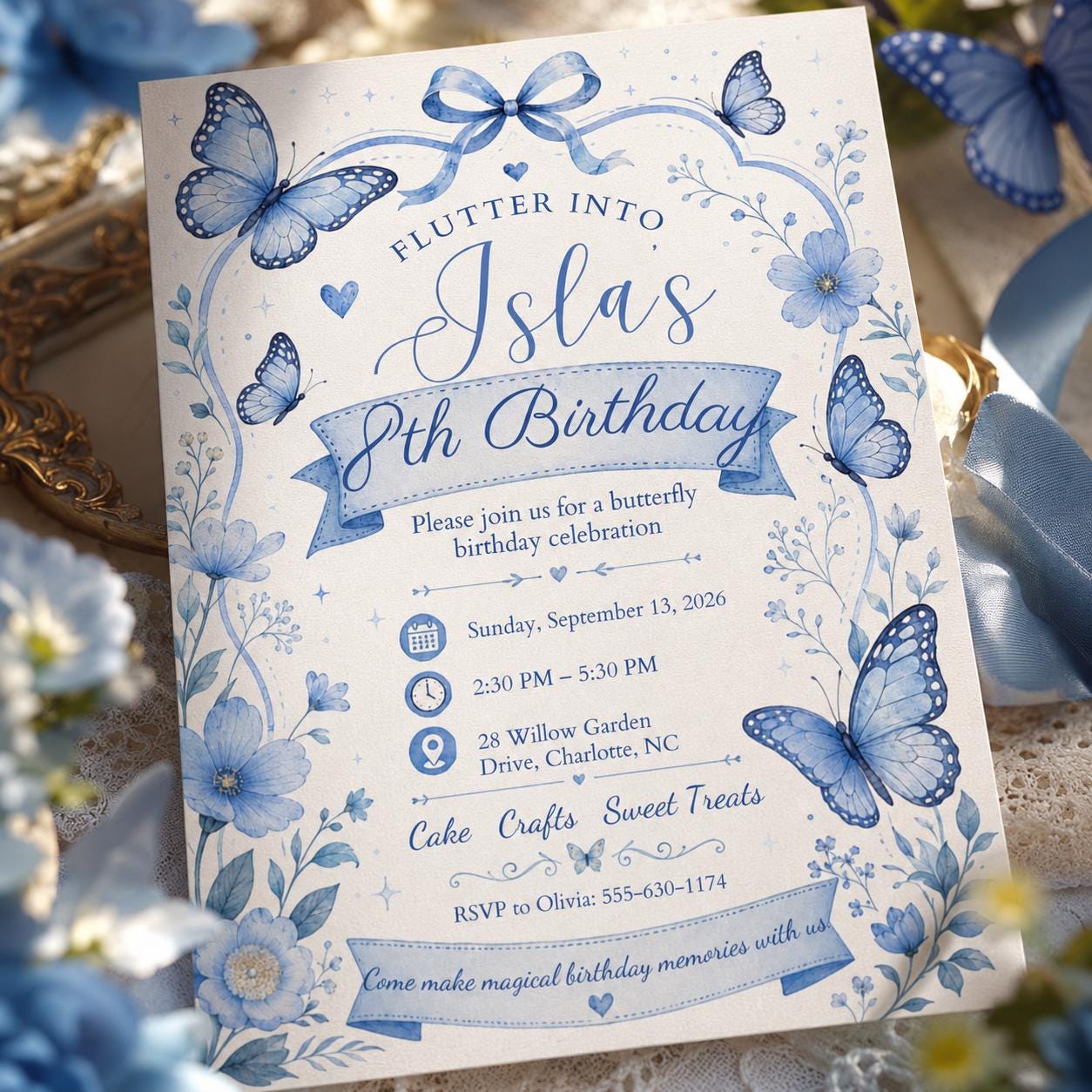 Butterfly Birthday Invitation, Blue Floral Girl 8th Party Editable Canva Template - Image 5