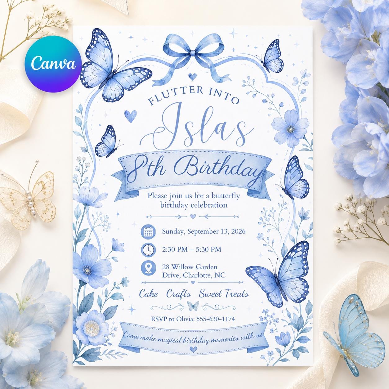 Butterfly Birthday Invitation, Blue Floral Girl 8th Party Editable Canva Template