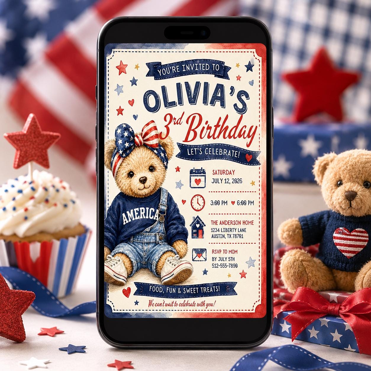 Editable Teddy Bear 3rd Birthday Invitation Template, Patriotic Birthday Invitation, All American 3rd Teddy Bear Invite Canva Template - Image 5