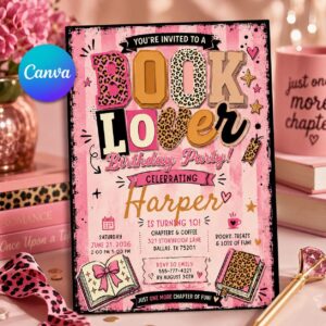 Book Lover Birthday Invitation, Pink Coquette 10th Girl Party Editable Invite Canva Template