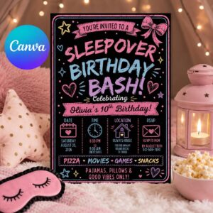 Sleepover Birthday Invitation, Pink Slumber Party Girl Editable Printable Invite Canva Template